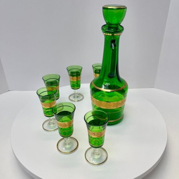 VINTAGE Italian Green Glass Decanter Set: Carafe & 6 Shot  Vintage Italian Green Glass Decanter & 6 Cordial Glasses with Gold Bands